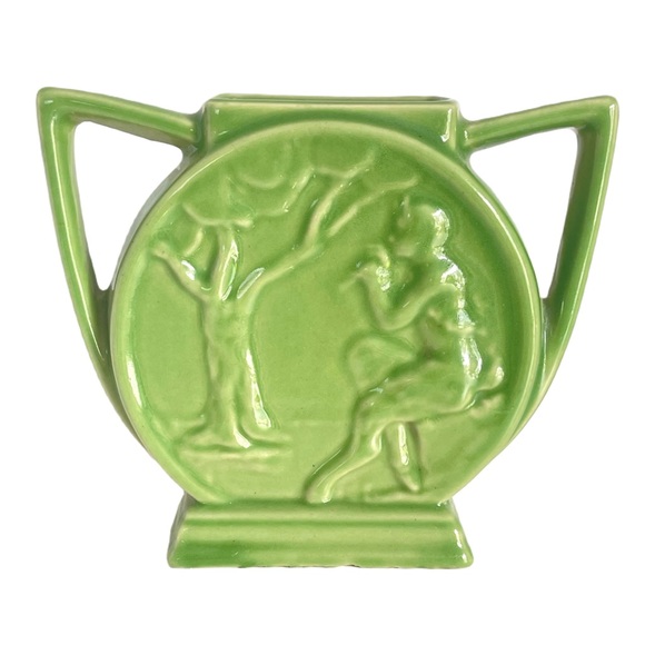 Green Art Deco Style Vase Rare Alamo Pottery MCM Greek God Pan & Grapevine - Picture 11 of 11